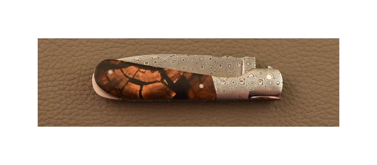 Corsican Pialincu Knife Damascus range Brown Mammoth slice, Delicate file work