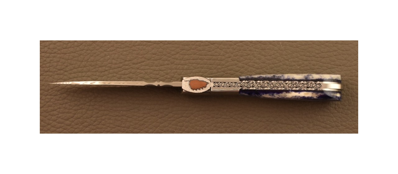 Corsican Pialincu Knife Damascus range Blue Bone, Delicate file work