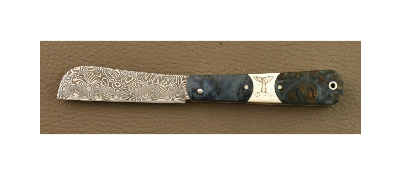 Couteau London 9 cm Damas Loupe de peuplier bleue et Scrimshaw Baleine