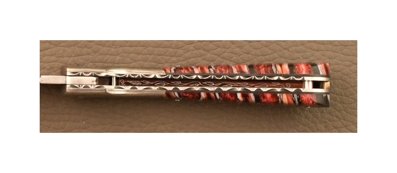 Corsican Pialincu Knife Damascus range Red molar tooth of mammoth, Delicate file work