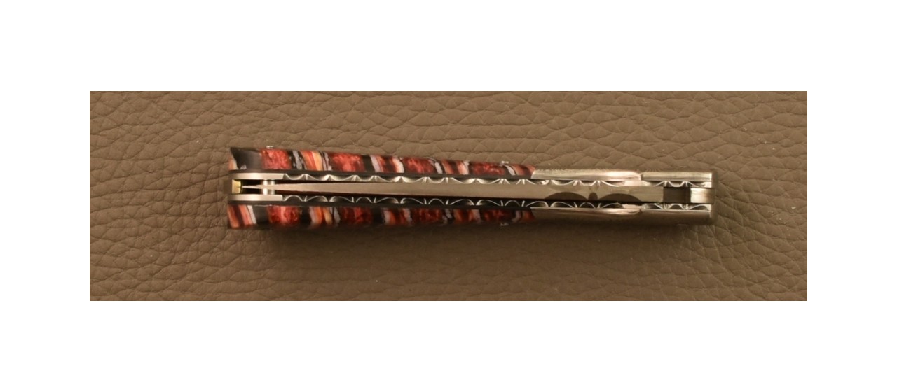 Corsican Pialincu Knife Damascus range Red molar tooth of mammoth, Delicate file work