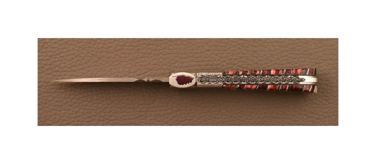 Corsican Pialincu Knife Damascus range Red molar tooth of mammoth, Delicate file work