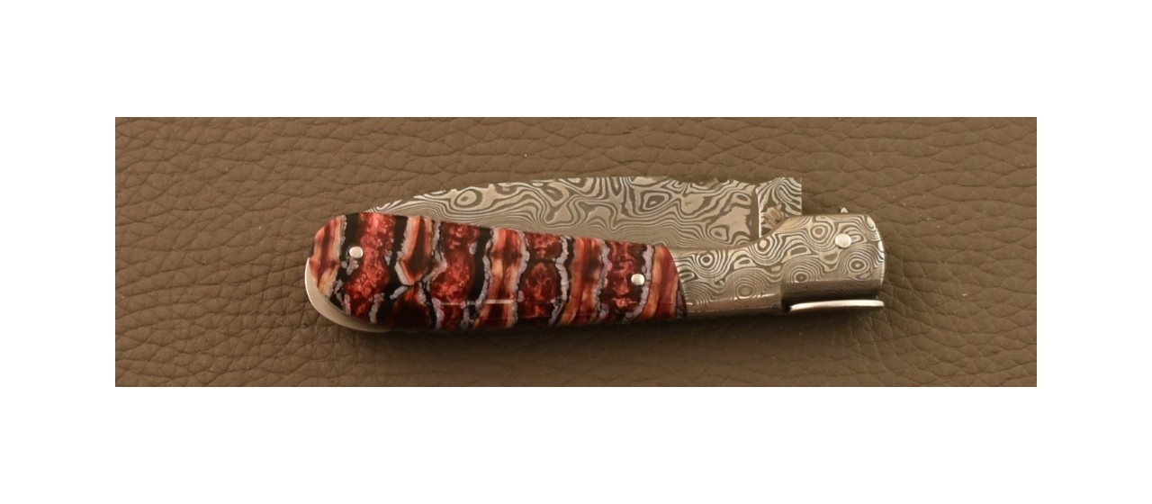 Corsican Pialincu Knife Damascus range Red molar tooth of mammoth, Delicate file work