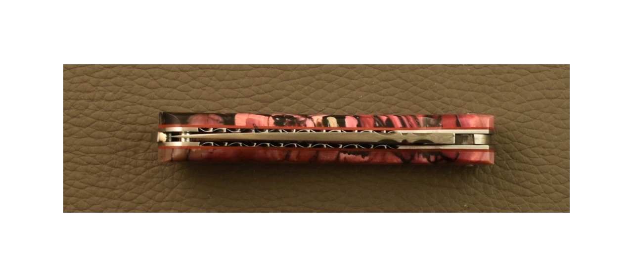 Couteau Pialincu Corse Damas Plein Manche Tranche de Mammouth, Guillochage fin