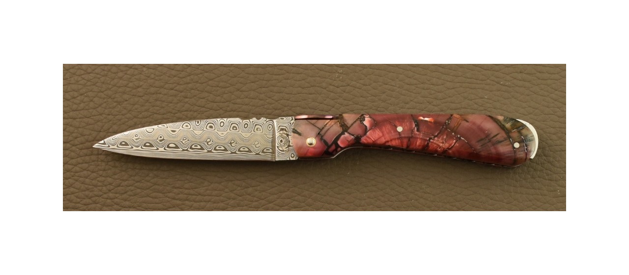 Couteau Pialincu Corse Damas Plein Manche Tranche de Mammouth, Guillochage fin