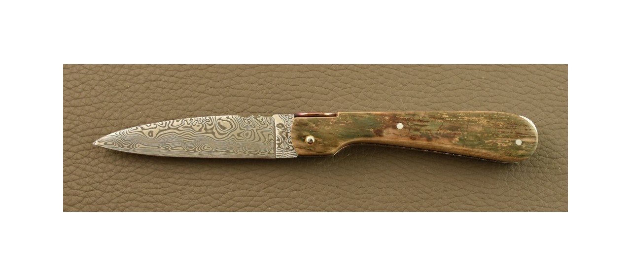 Couteau Pialincu Corse Damas Plein Manche Mammouth Bleu, Guillochage fin