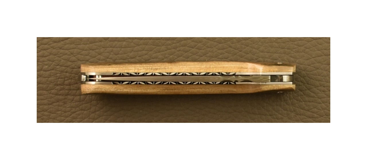 Couteau Pialincu Corse Damas Plein Manche Mammouth Bleu, Guillochage fin