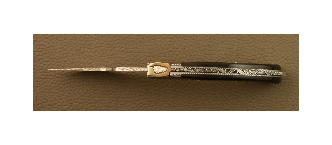 Couteau Le Rondinara Damas Buffle Brut Guillochage Fin