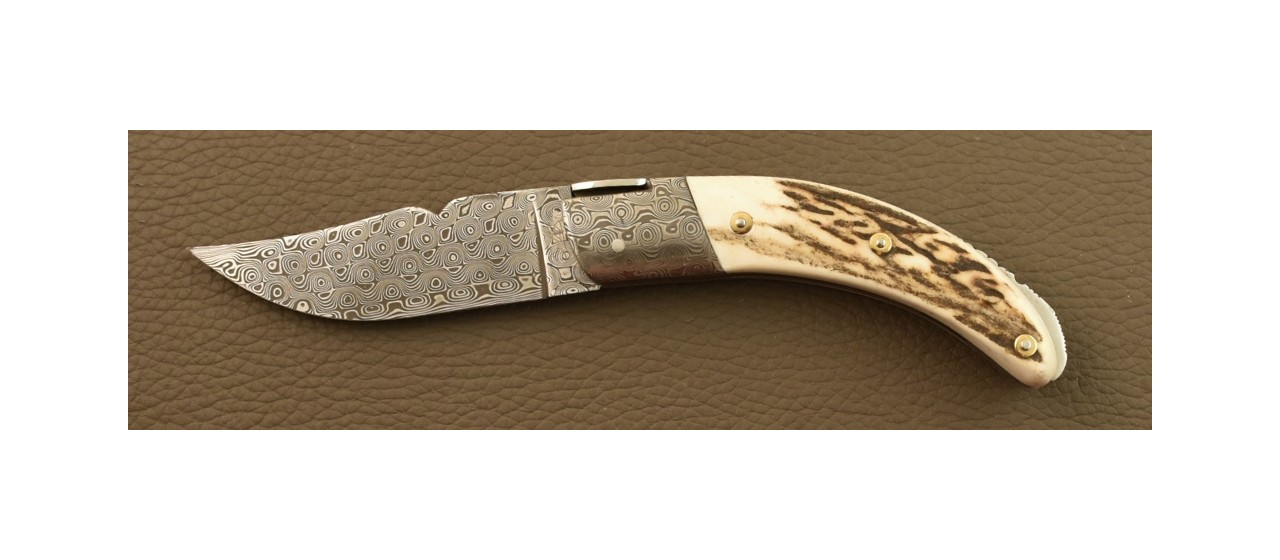 Couteau Le Rondinara Damas Bois de Cerf Guillochage Fin