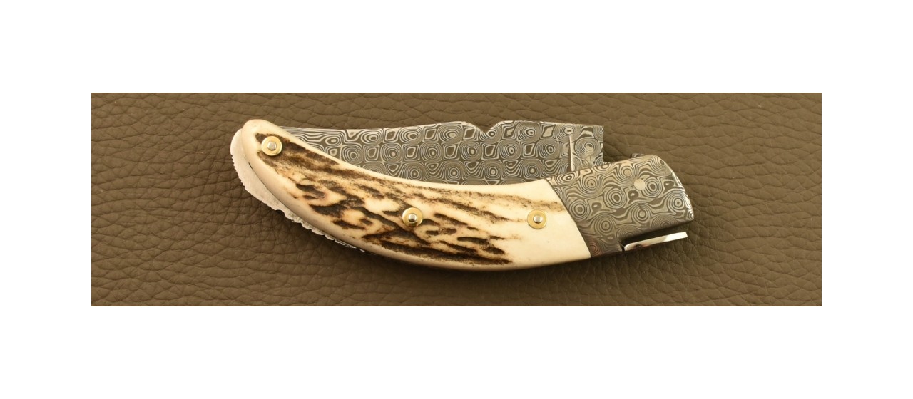 Couteau Le Rondinara Damas Bois de Cerf Guillochage Fin