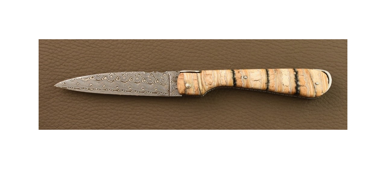 Couteau Sperone Corse Damas Plein Manche Molaire de Mammouth, Guillochage Fin