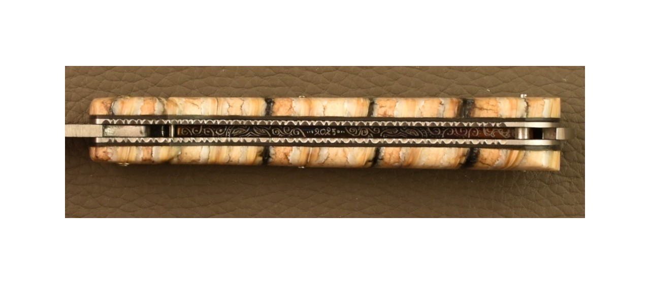 Couteau Sperone Corse Damas Plein Manche Molaire de Mammouth, Guillochage Fin