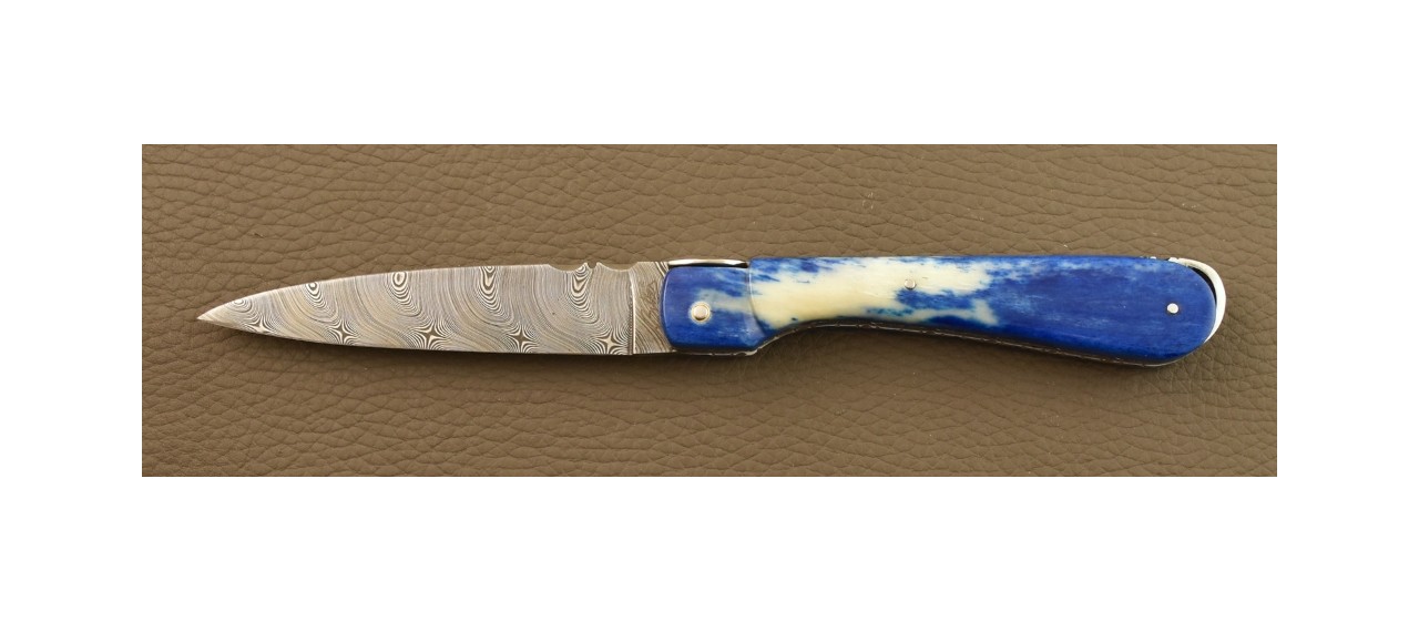 Couteau Sperone Corse Damas Plein Manche Os Bleu, Guillochage Fin