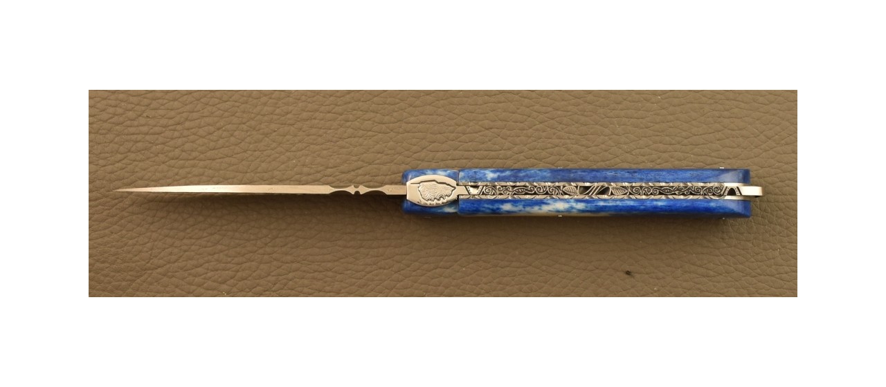 Couteau Sperone Corse Damas Plein Manche Os Bleu, Guillochage Fin