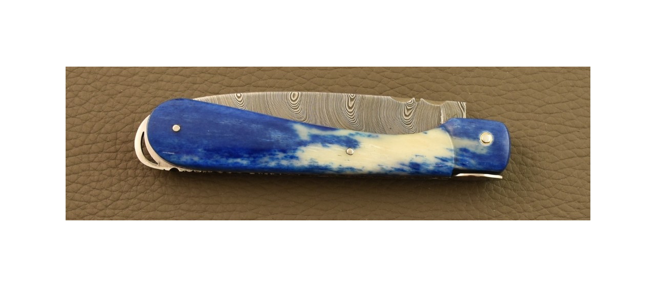 Couteau Sperone Corse Damas Plein Manche Os Bleu, Guillochage Fin