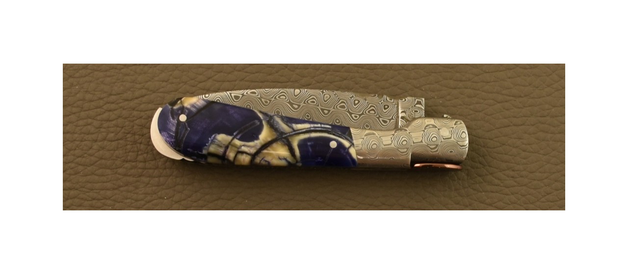 Couteau Pialincu Corse Damas Tranche de Mammouth violette Guillochage fin