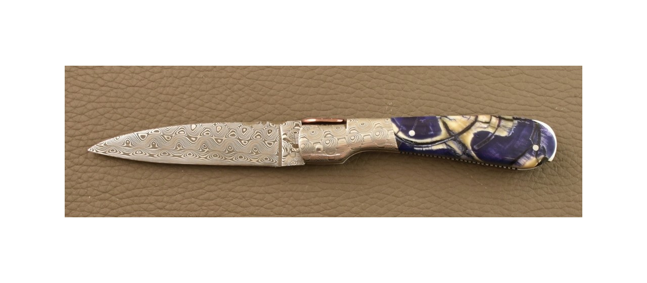 Couteau Pialincu Corse Damas Tranche de Mammouth violette Guillochage fin