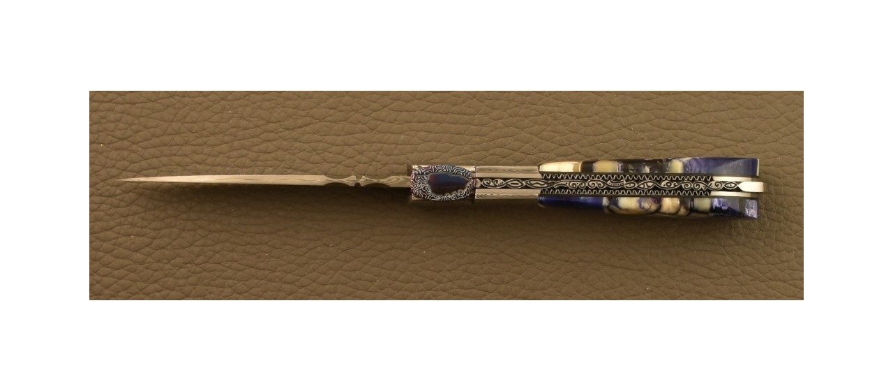 Couteau Pialincu Corse Damas Tranche de Mammouth violette Guillochage fin