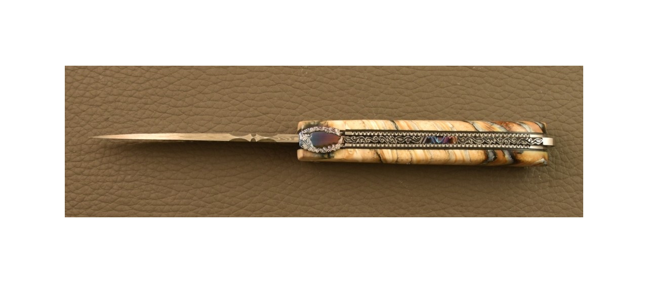 Couteau Pialincu Corse Damas Plein Manche Molaire de Mammouth, Guillochage fin