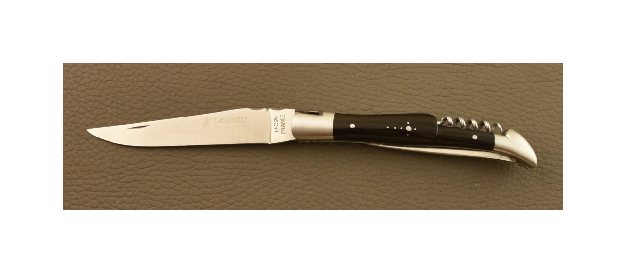 Couteau Laguiole Traditionnel 12 cm Tire-Bouchon & Poinçon Pointe de Corne Noire
