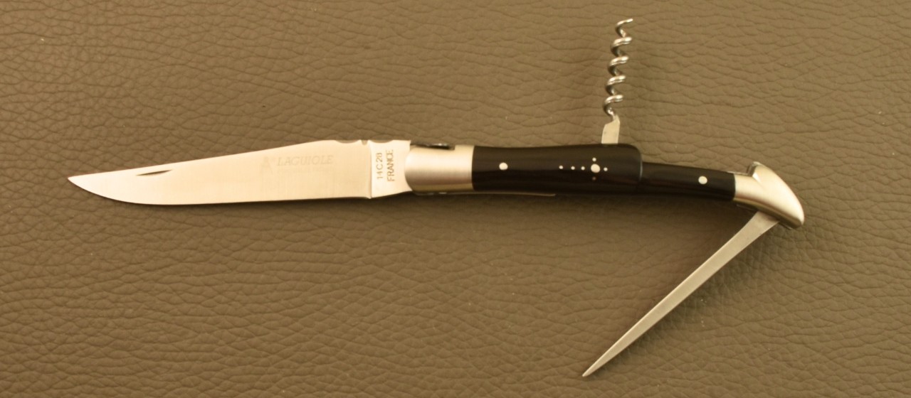 Couteau Laguiole Traditionnel 12 cm Tire-Bouchon & Poinçon Pointe de Corne Noire