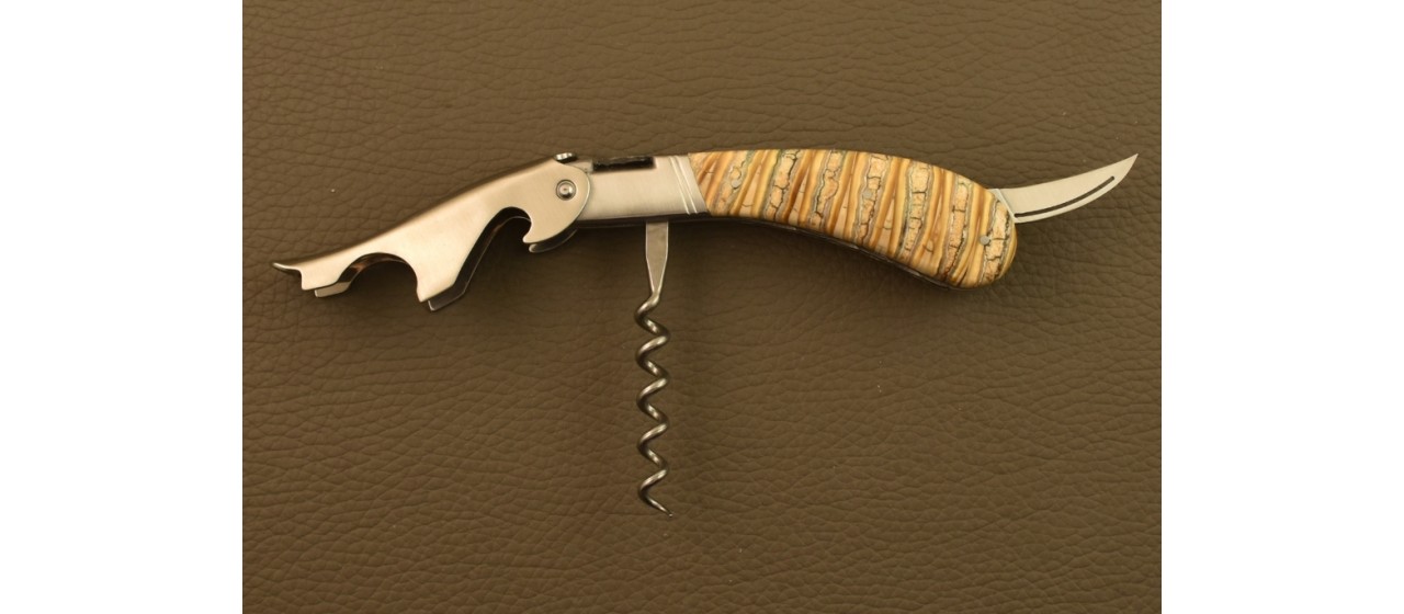 Laguiole Magnum corkscrew Guilloché beige Molar tooth of mammoth