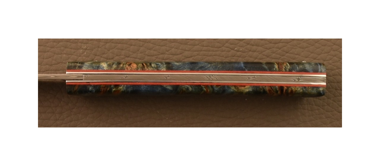 Couteau Lombard Damas Loupe de Peuplier Stabilisée Bleue