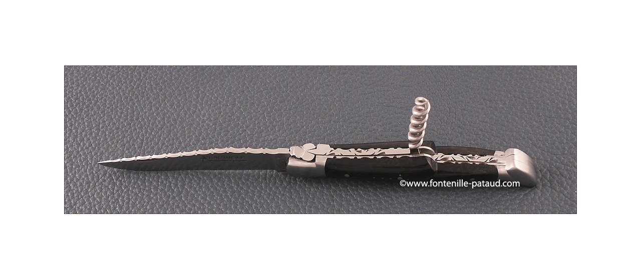 Couteau Laguiole Traditionnel 12 cm Guilloche avec Tire-Bouchon Ebene