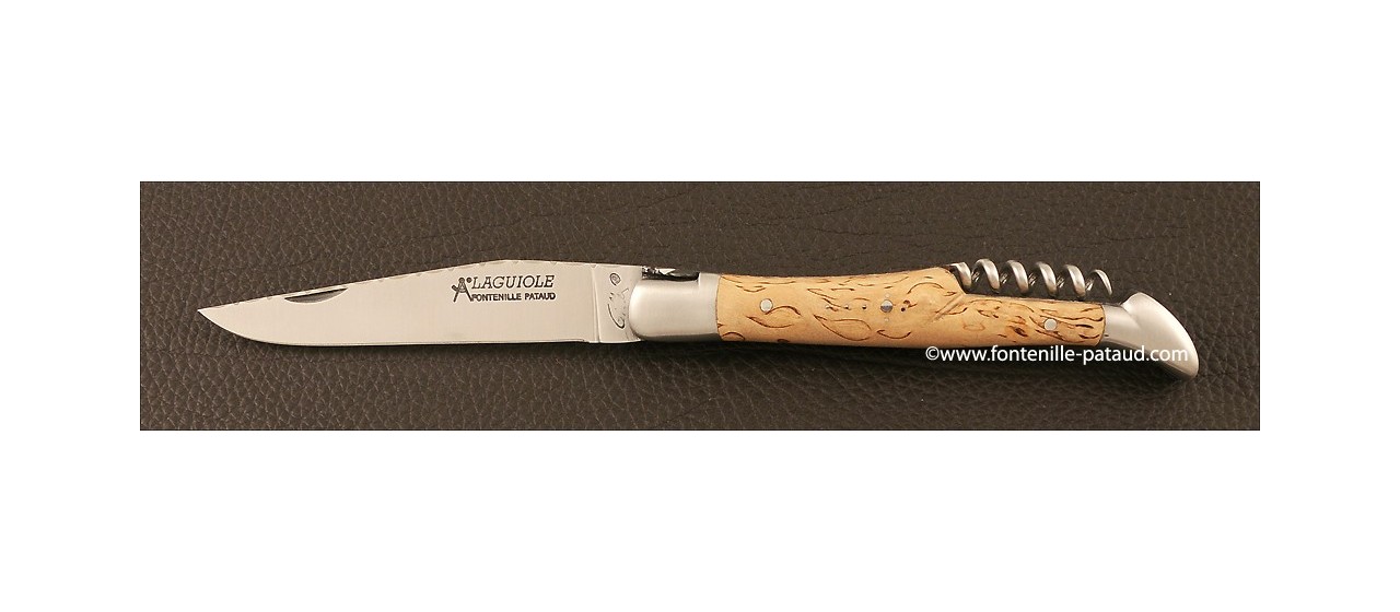 Couteau Laguiole Traditionnel 12 cm Guilloche avec Tire-Bouchon Bouleau