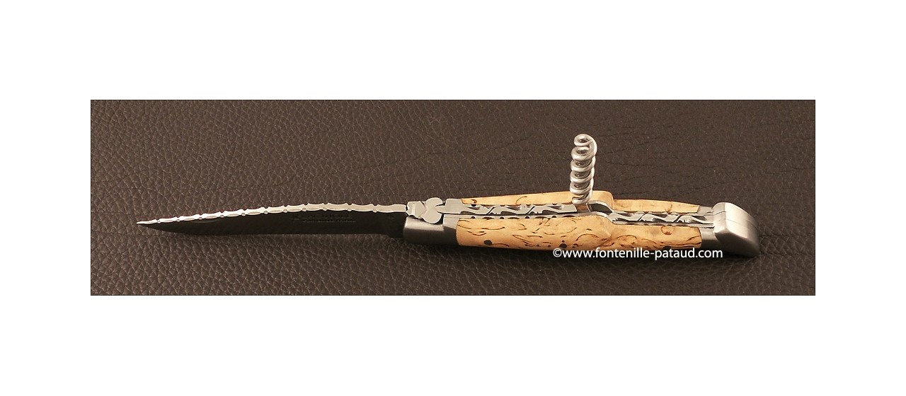 Couteau Laguiole Traditionnel 12 cm Guilloche avec Tire-Bouchon Bouleau