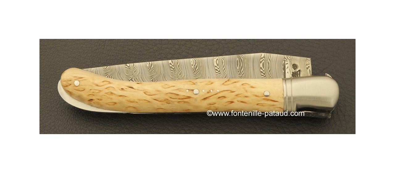 Curly birch laguiole knife and damascus steel blade