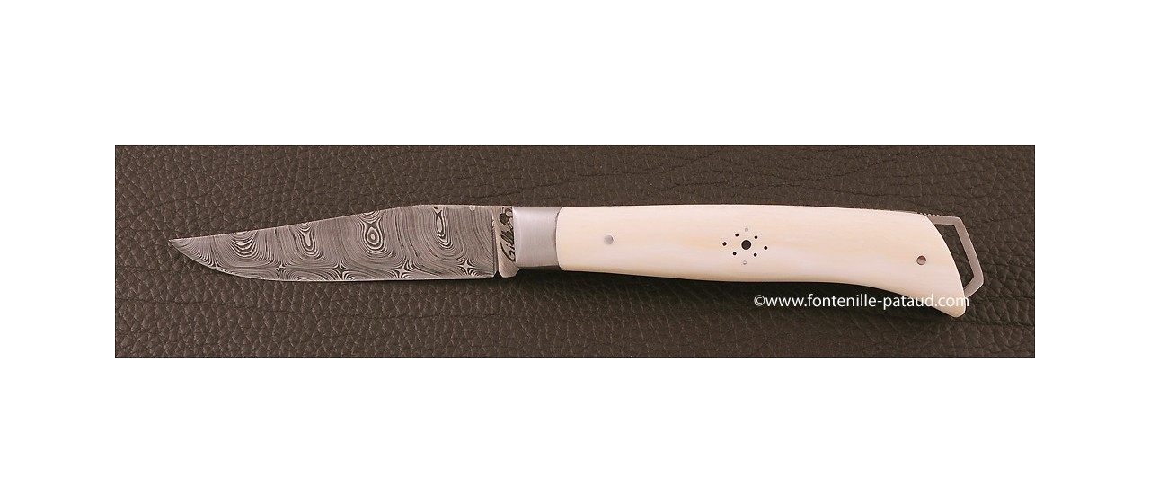 couteau Le Saint-Bernard 11 cm Damas, Ivoire de mammouth blanc
