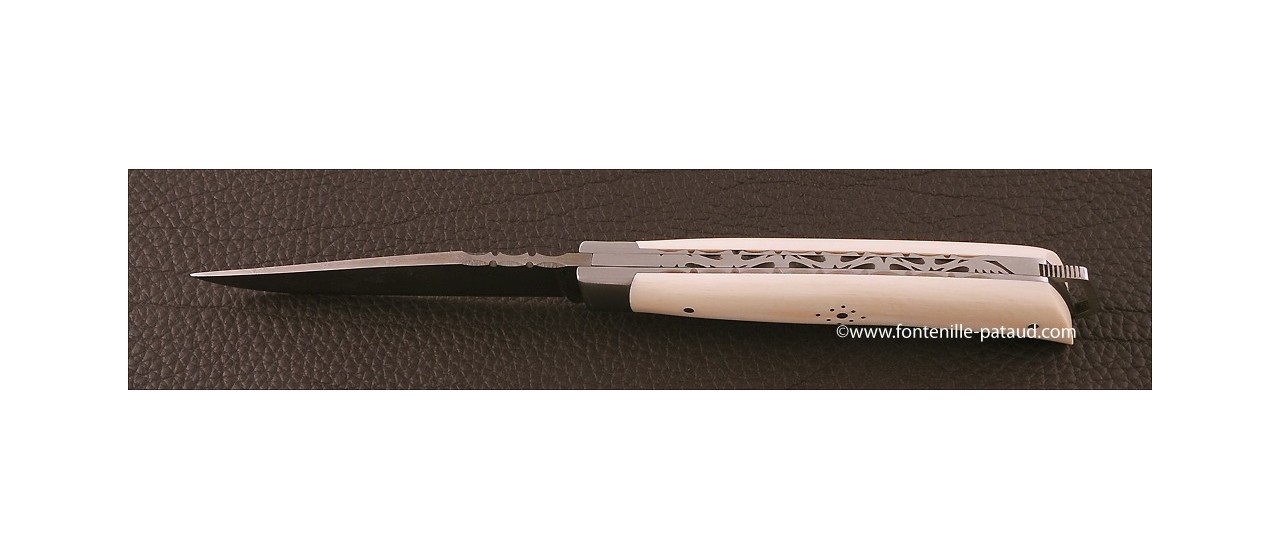 couteau Le Saint-Bernard 11 cm Damas, Ivoire de mammouth blanc
