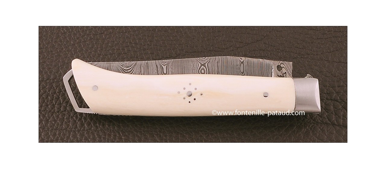 couteau Le Saint-Bernard 11 cm Damas, Ivoire de mammouth blanc
