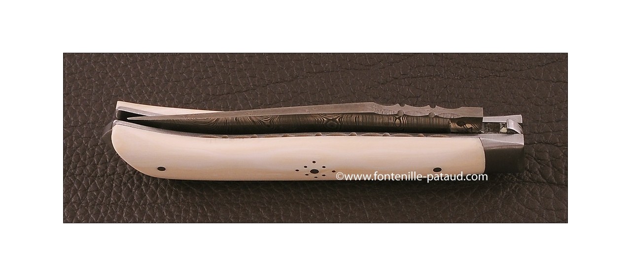 couteau Le Saint-Bernard 11 cm Damas, Ivoire de mammouth blanc