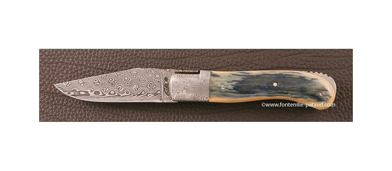 Laguiole Knife Gentleman Damascus Range Blue fossilized Mammoth Ivory Delicate file work