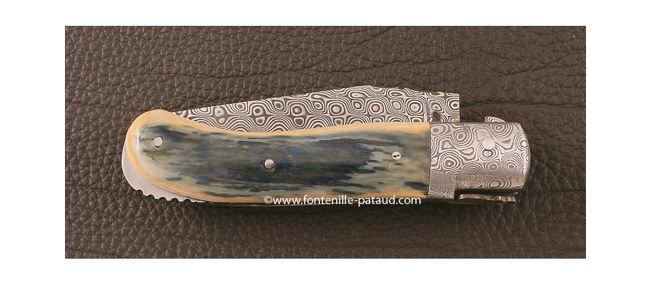 Laguiole Knife Gentleman Damascus Range Blue fossilized Mammoth Ivory Delicate file work