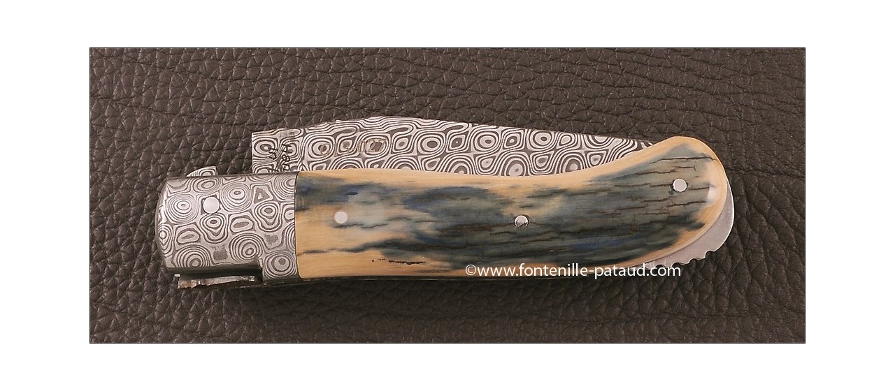 Laguiole Knife Gentleman Damascus Range Blue fossilized Mammoth Ivory Delicate file work