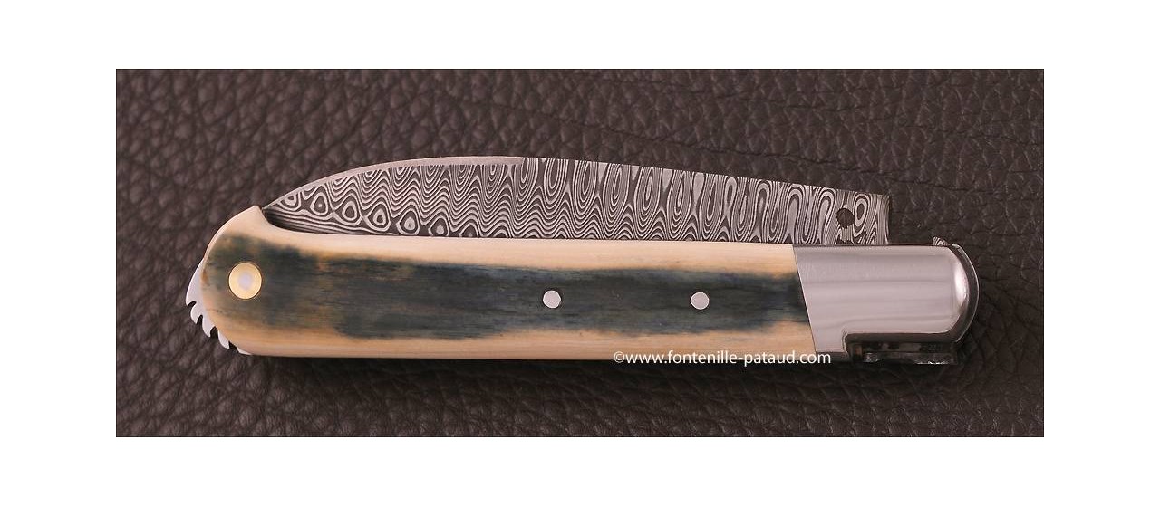 Le 5 Coqs knife damascus blue mammoth ivory hand made in France