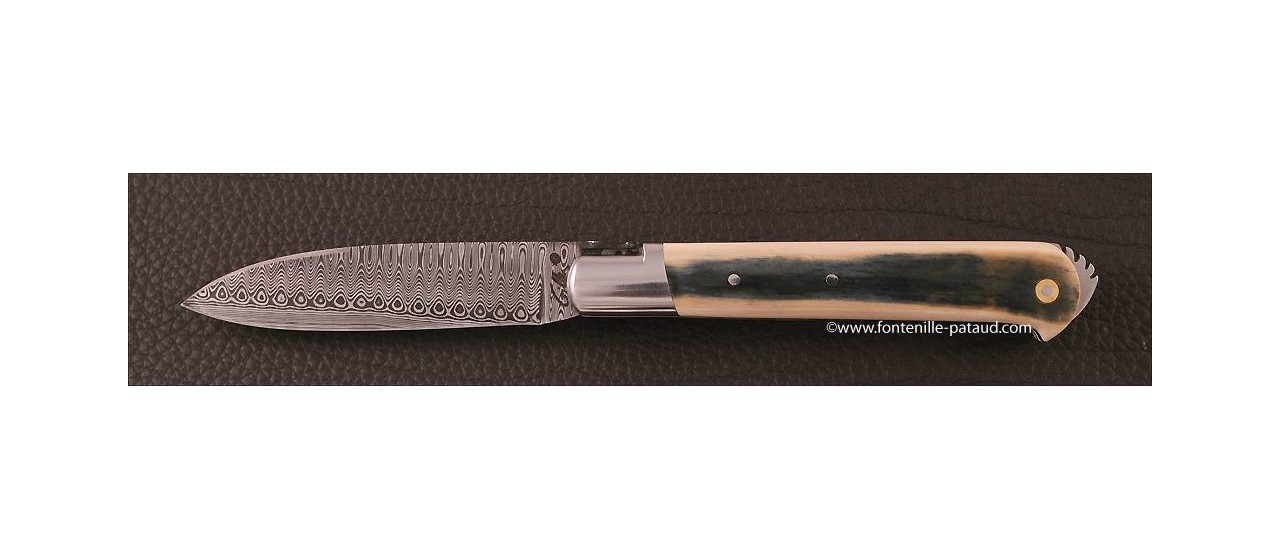 Le 5 Coqs knife damascus blue mammoth ivory hand made in France