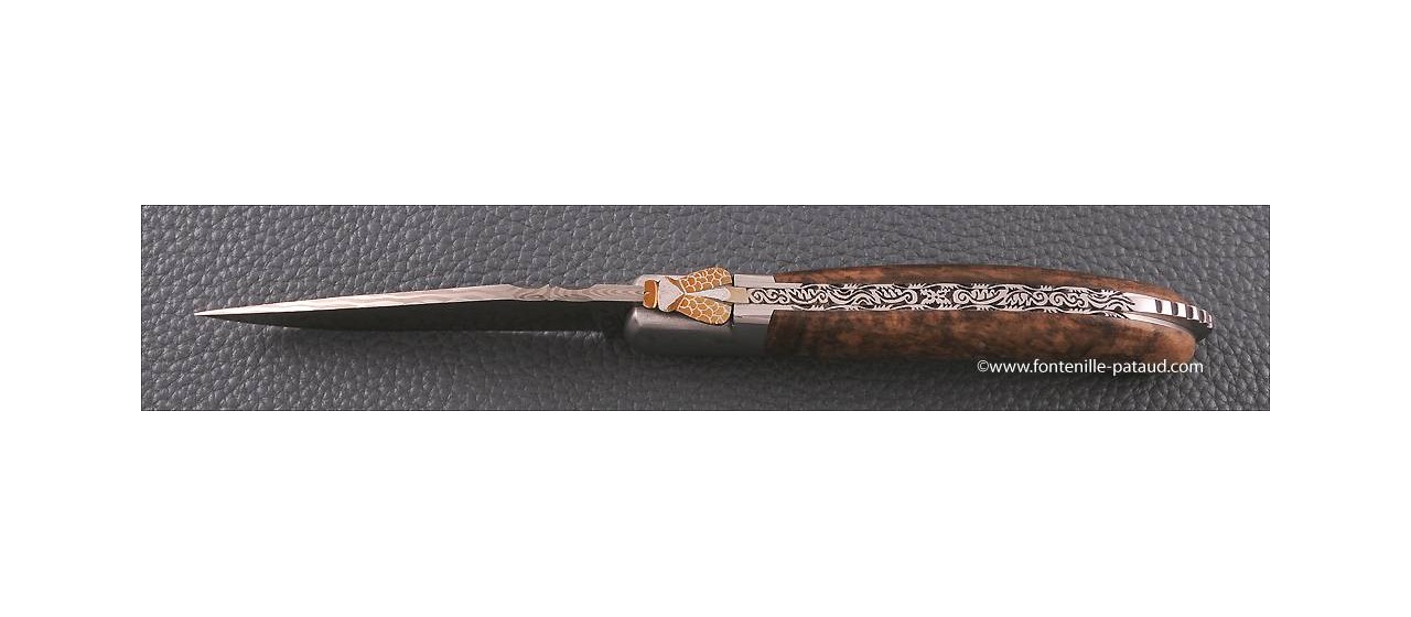 Laguiole Knife Sport Damascus Range walnut Delicate file work Gold
