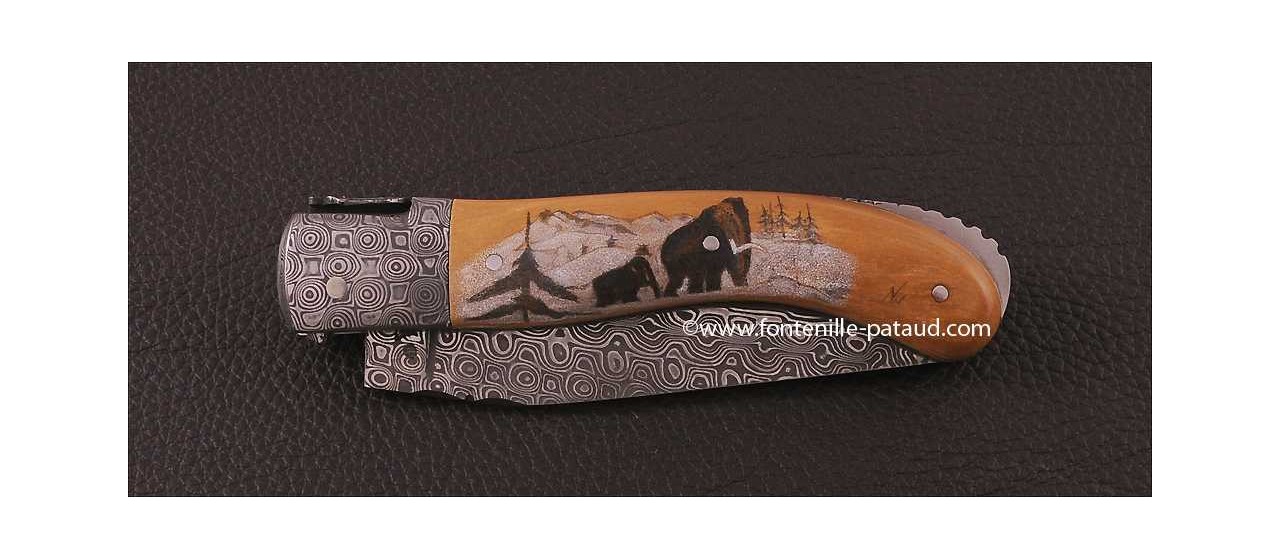 Laguiole Knife Sport Damascus Range mammoth Delicate file work Scrimshaw