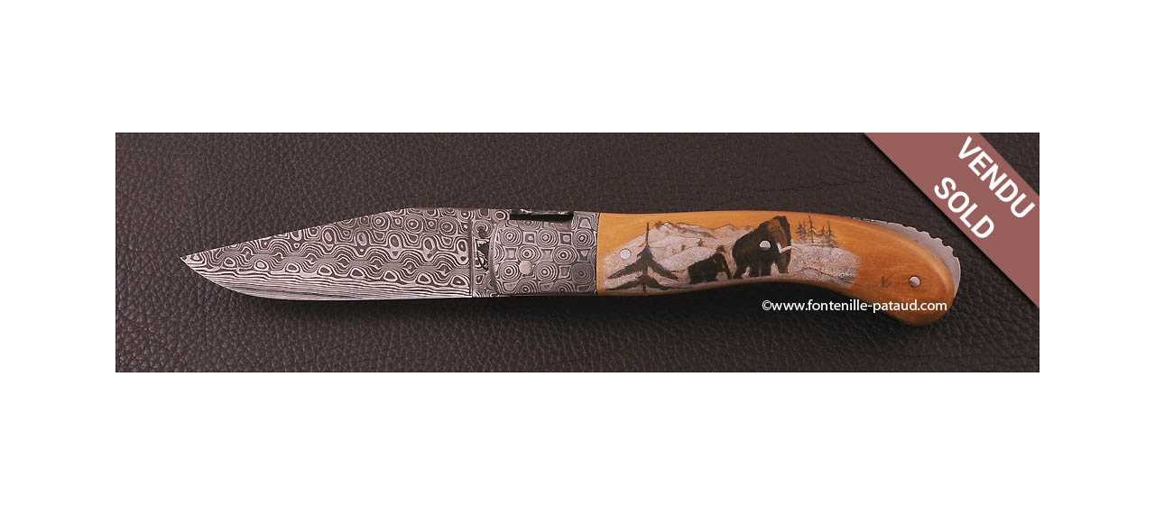 Laguiole Knife Sport Damascus Range mammoth Delicate file work Scrimshaw