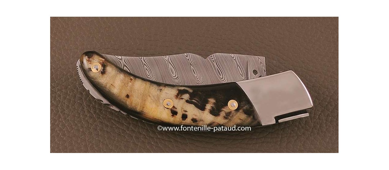 Corsican Rondinara knife Guilloché damascus range dark ram's horn