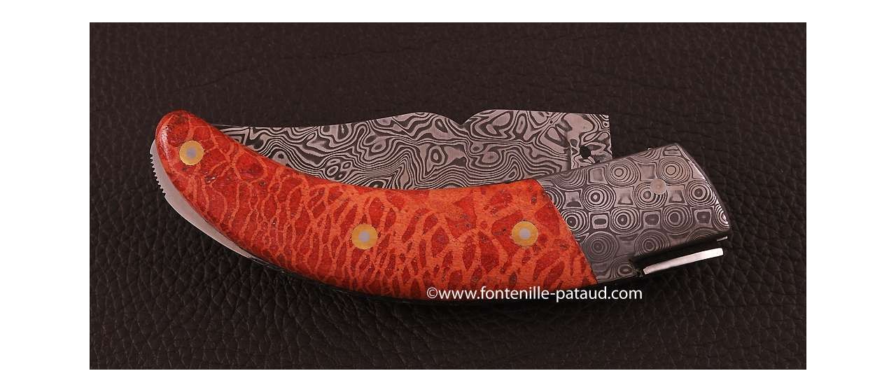 Couteau Corse le Rondinara Damas Corail rouge guillochage fin