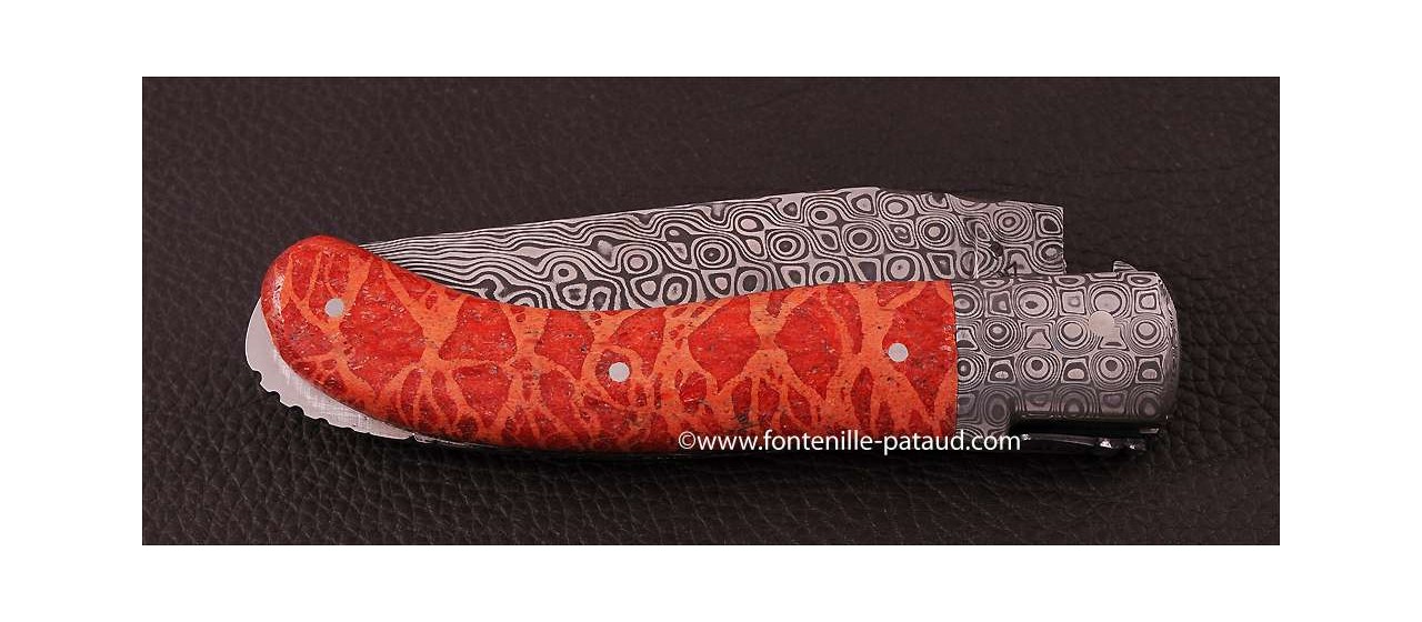 Laguiole Knife Sport Damascus Range Red Coral Delicate file work 