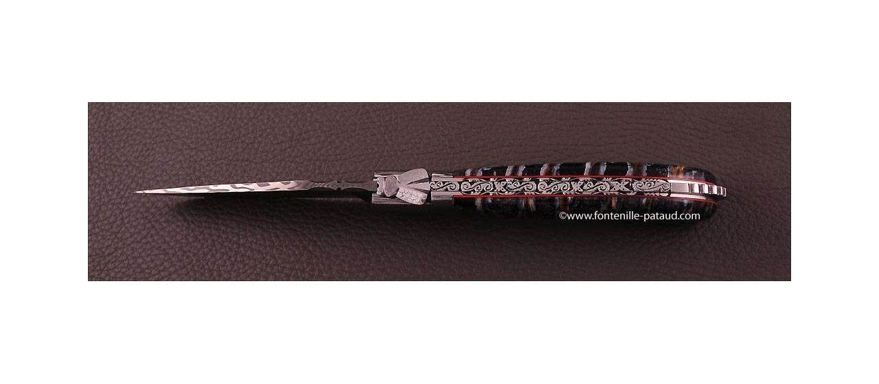 Laguiole Knife Sport Damascus Range Blue Molar Tooth of Mammoth Delicate file work 
