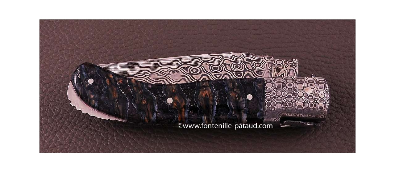 Laguiole Knife Sport Damascus Range Blue Molar Tooth of Mammoth Delicate file work 