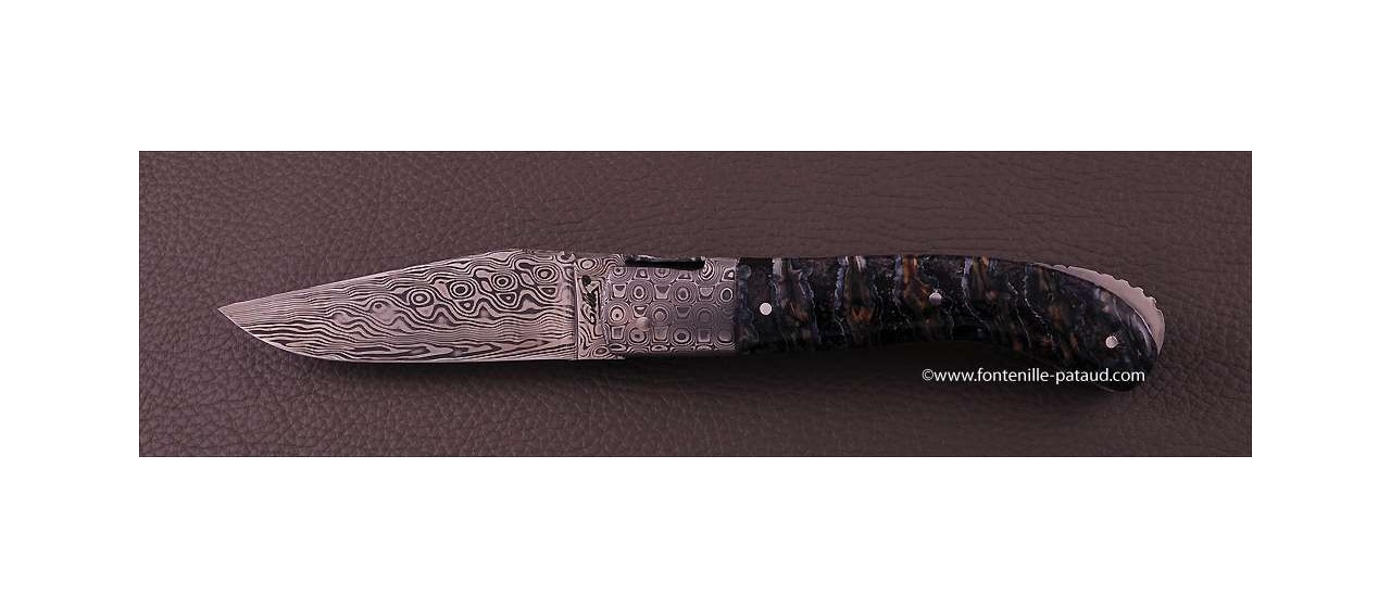 Laguiole Knife Sport Damascus Range Blue Molar Tooth of Mammoth Delicate file work 