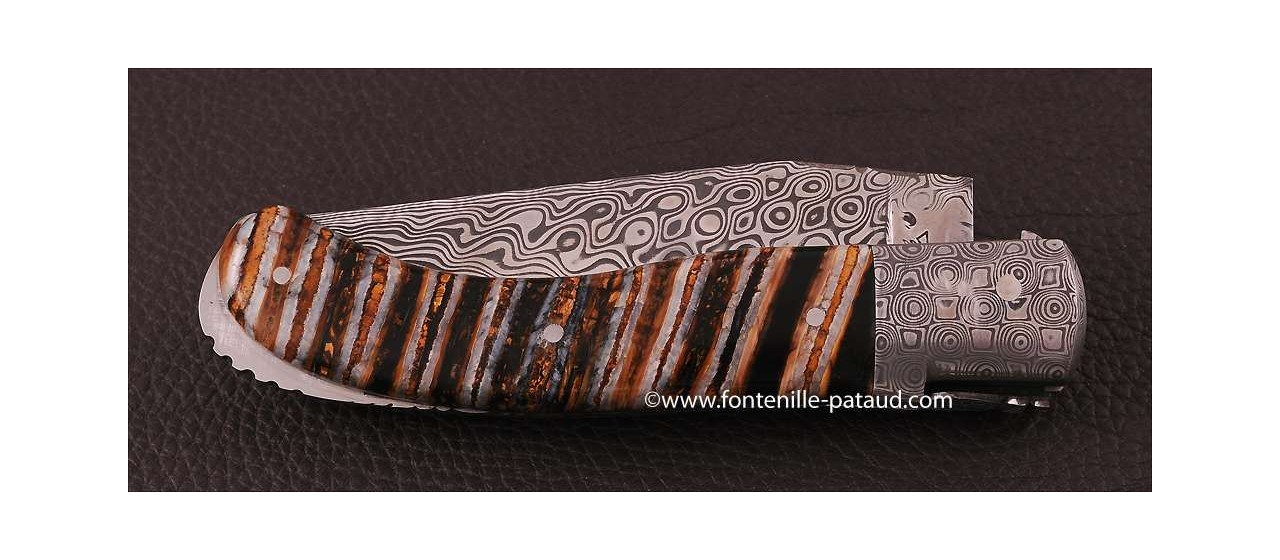 Laguiole Knife Sport Damascus Range Molar Tooth of Mammoth Delicate file work 